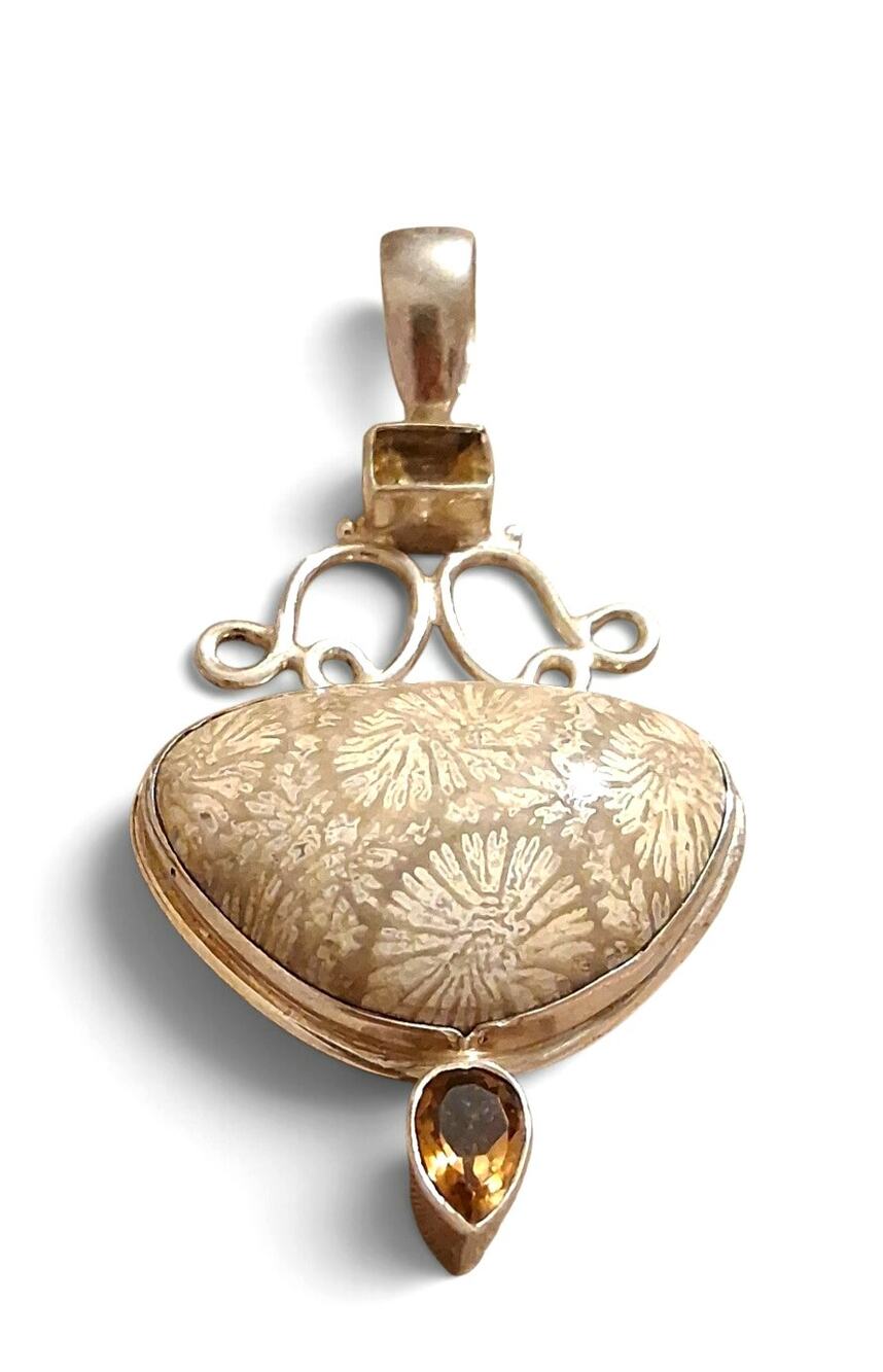 Sterling Silver 925 fossilized Coral Pendant Citrine Stone Accents Artisan Piece